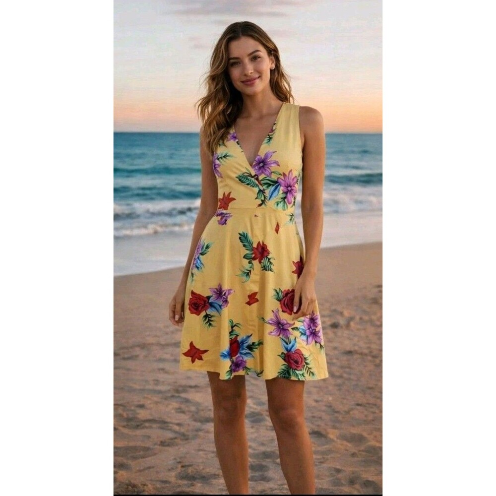 Sucrefas Dress Size 3XL See Measur Sleeveless Floral Yellow Cotton Blend Tie NEW